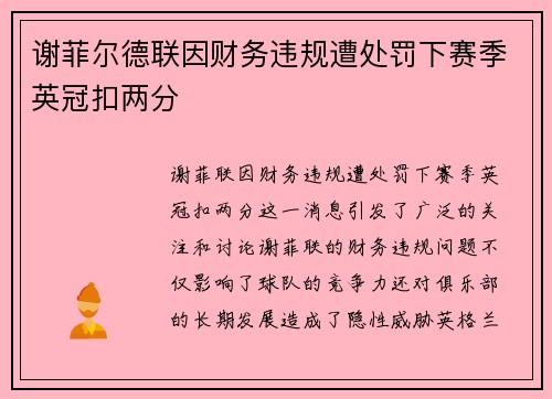谢菲尔德联因财务违规遭处罚下赛季英冠扣两分